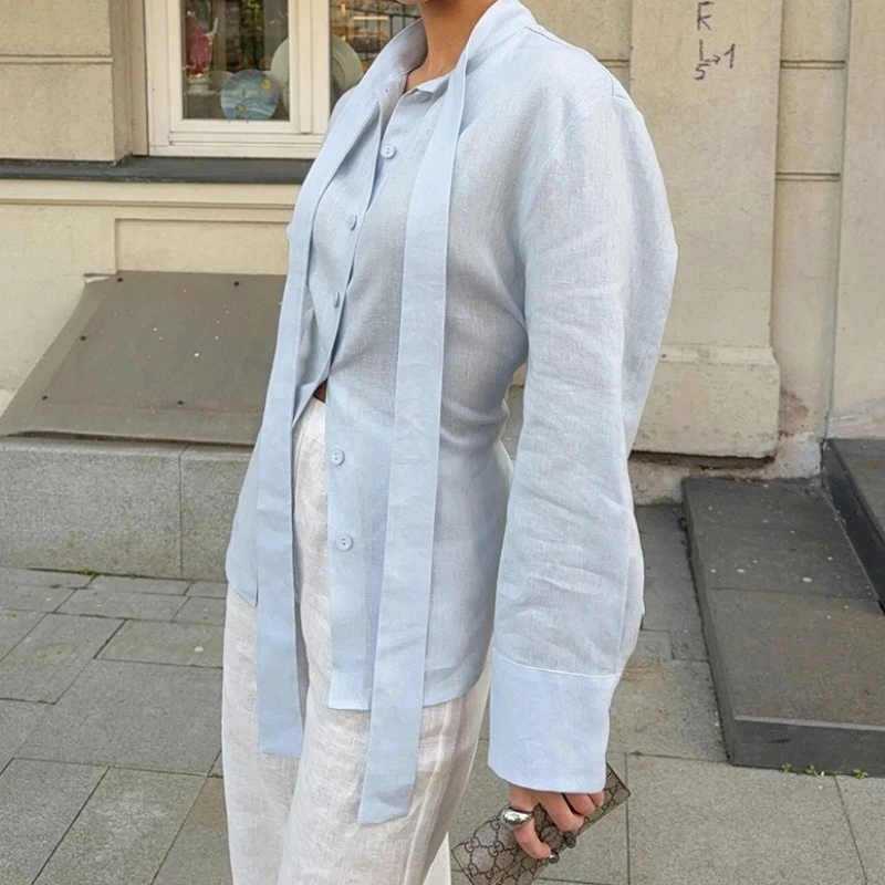 

Elegant Blue Cotton Scarf Collar Blouse Woman Office Single-Breasted Shirts Female Autumn Fashion Long Sleeve Blouse Top 2025