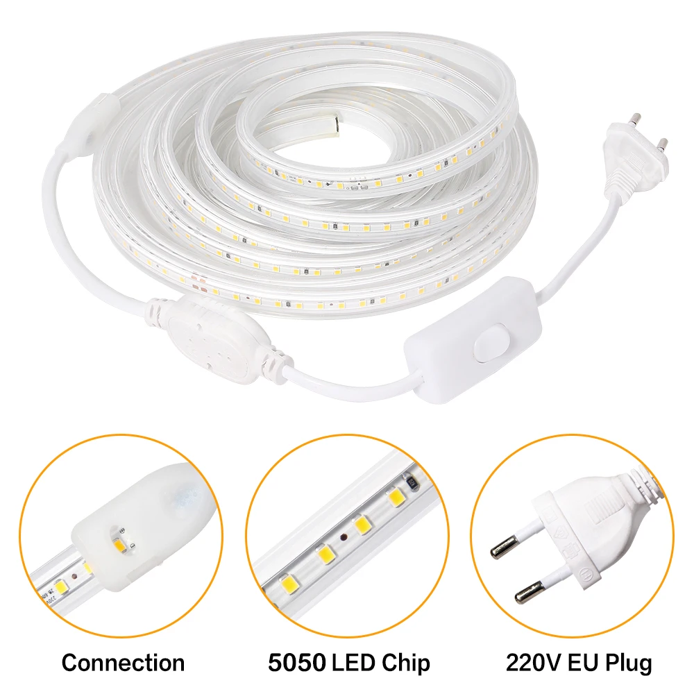 220V LED Strip Light High Bright Flexible Led Light Outdoor Waterproof LED Lamp Kitchen Backlight Home Decor with EU Plug Switch