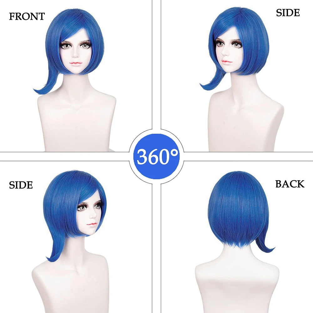 UU 슬픈 블루 밥 가발 검은색 안경테 소녀 블루 가발 애니메이션 여성 내열성 합성 코스프레 할로윈 의상