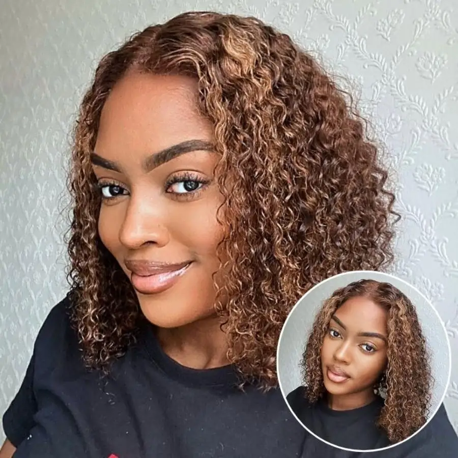 

Glueless Bob Wigs Human Hair Deep Wave Honey Blonde Pre Plucked Pre Cut Highlight Wear and Go Curly Wigs Ombre HD Lace Front Wig