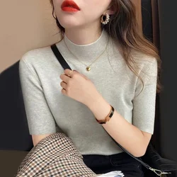 2024 Spring Summer Womens Sweater Short Sleeve Turtleneck Slim Fit Knitted Pullovers Bottoming Casual Knitwear Camel Clothes