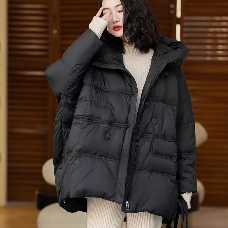 Hooded Down Jacket for Women, Warm Coat, Collision Design, Korean Version, Casual Parker Coat, Winter, New, 2024