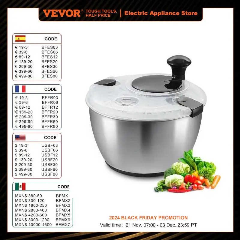 VEVOR Stainless Steel Salad Spinner 4.75Qt One-handed Easy Press Large Vegetable Dryer Washer Lettuce Cleaner and Dryer No BPA