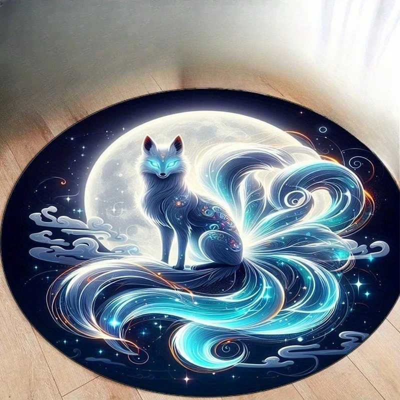 Fantasy Glowing Nine Tails Fox Circular Area Rug  Night Sky Moon Star Print Anti Slip Round Doormat Mystic Animal Floor Rug