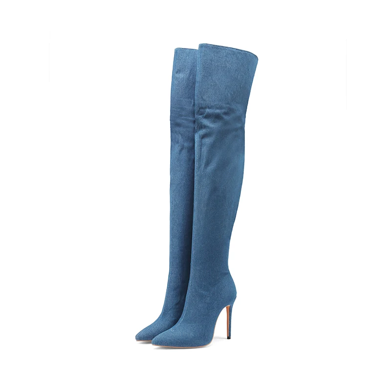 Sexy Women Thigh High Boots Blue Black Denim Thin Stiletto Heels Pointed Toe Party Ladies Back Zipper Jeans Over the Knee Boots - view 4