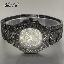 MISSFOX Iced Watch For Mens Fashion Stainless Steel Quartz Clock Man Hip Hop Black Diamond Jewelry Wristwatch Reloj Dropshipping