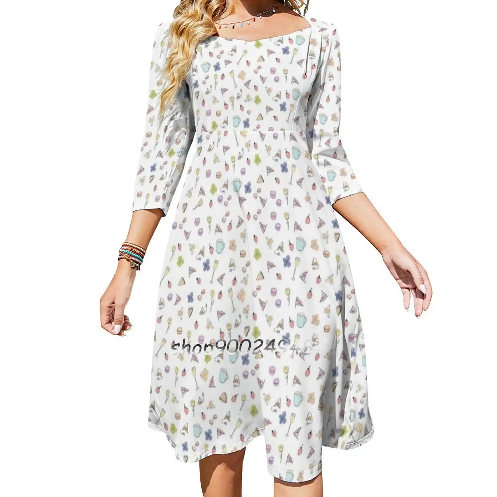 

Afternoon Tea Sweet Elegant Dress Women Korean Kawaii Square Collar Dress Tea Afternoon British Flowers Petals Bee Teabag