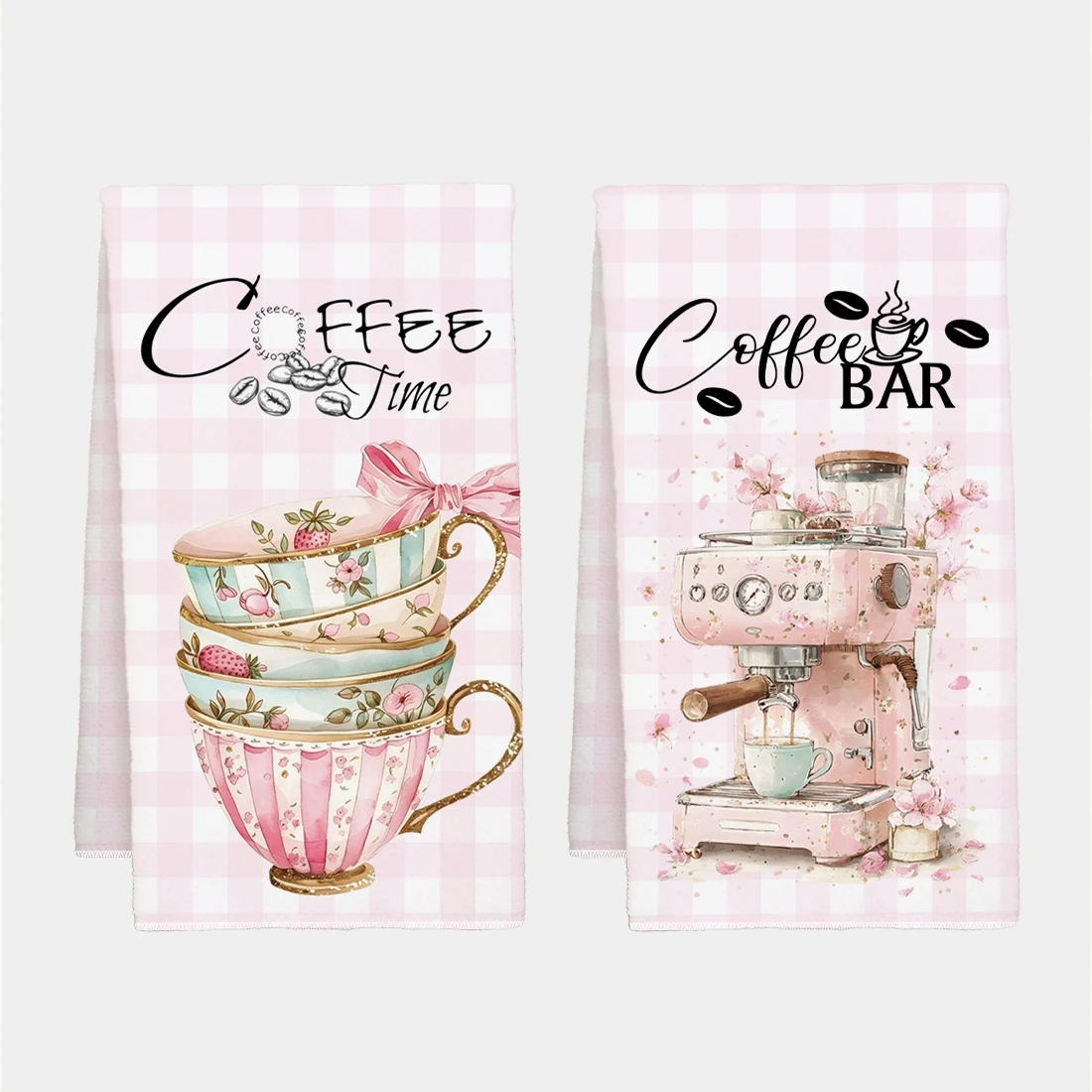 Cleaning cloth 2 packs, coffee element illustration pink plaid microfiber kitchen towel