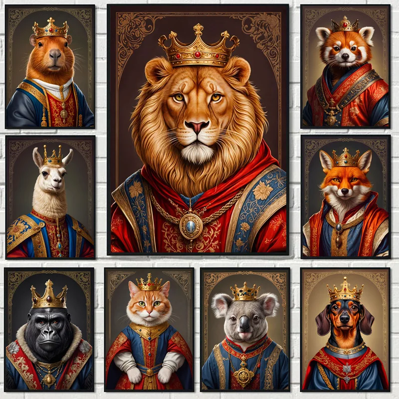 Retro Abstract Royal Aristocratic Style Animals Wear Crowns Noble Gorgeous Poster Canvas Painting Wall Art Pictures Home Decor