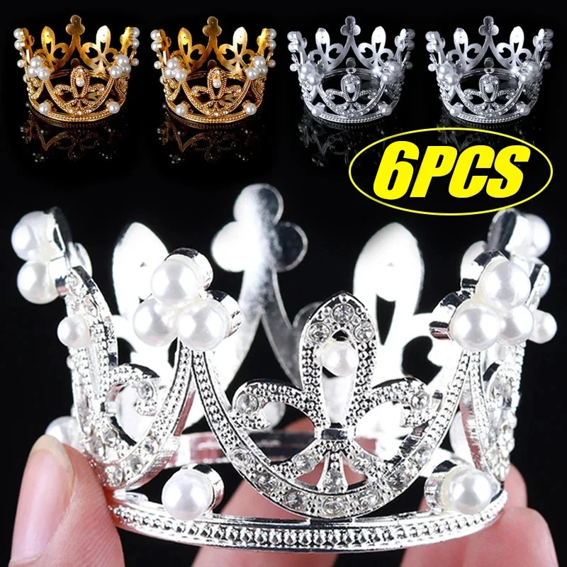 Mini Crown Cake Topper Elegant Princess Pearl Tiara Ornaments Baby Shower Birthday Wedding Party Supplies DIY Cake Decoration