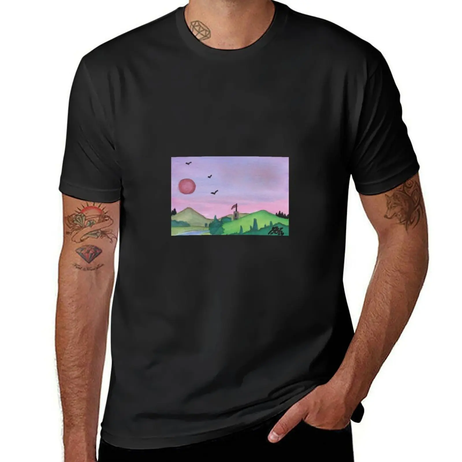 Watercolor Illustration Medieval Tower Nature Sun Sunset Quaint T-Shirt tops oversizeds fitted t shirts for men