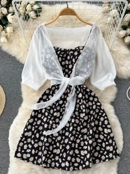 Korejepo Chiffon Shawl Dresses Suits Women Summer 2023 New Casual Sweet Flower Versatile Temperament Two Piece Set Dress