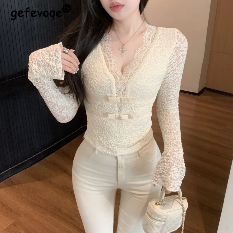 Women Clothing Autumn Winter Korean Sexy V Neck Lace Club T Shirt Sweet Chic Bow Slim Tees Elegant Solid Long Sleeve Fairy Tops