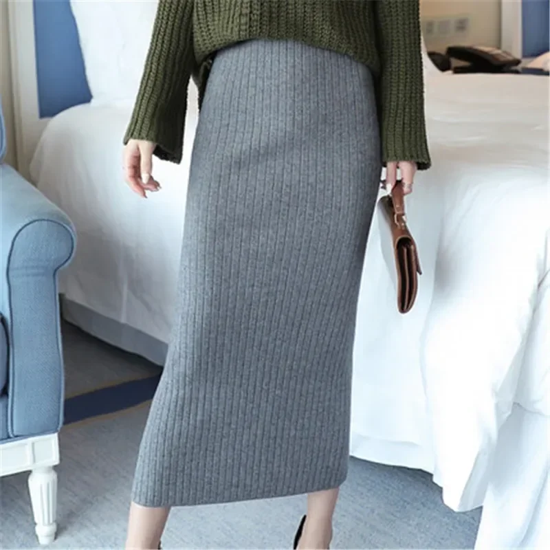 

Hight Quality Autumn Winter Woolen Skirts Slim Belt Office Long Midi Skirt Step Pencil Skirt Knitted wool skirt PZ1193