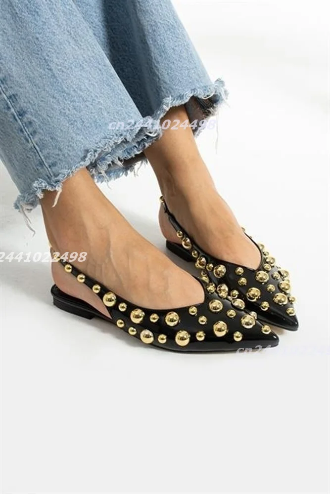 Women Metal Gold Ball Studs Decor Women Slingback Flat Pumps Glossy Leather Pointed Toe Back Ankle Strap Flat Shoes Casual Wear