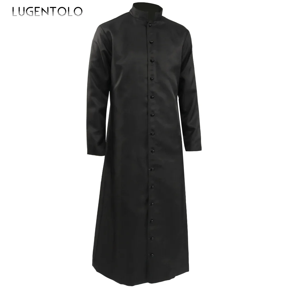 Men Medieval Long Coat Robe Halloween Priest Father Solid Party Single-breasted Retro Casual Cos Costume Jackets