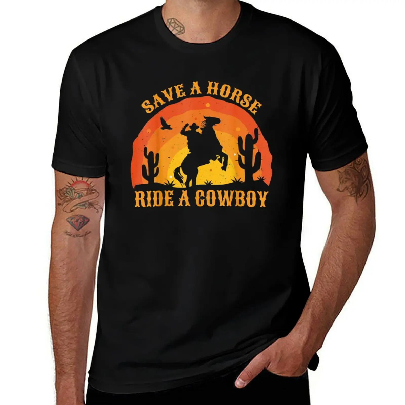 Save A Horse Ride. Me A Cowboy T-Shirt Simple Line Art Print Tee