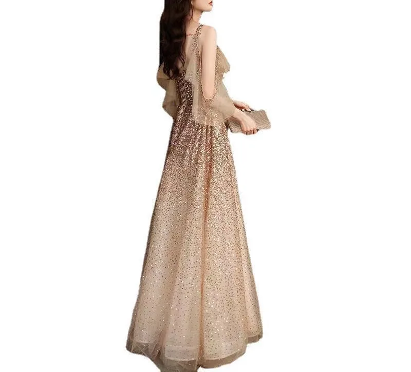 Vestido De Noche De lentejuelas doradas para mujer, elegante vestido De encaje con cuello redondo, corte en A, largo hasta el suelo, brillante, para fiesta De graduación