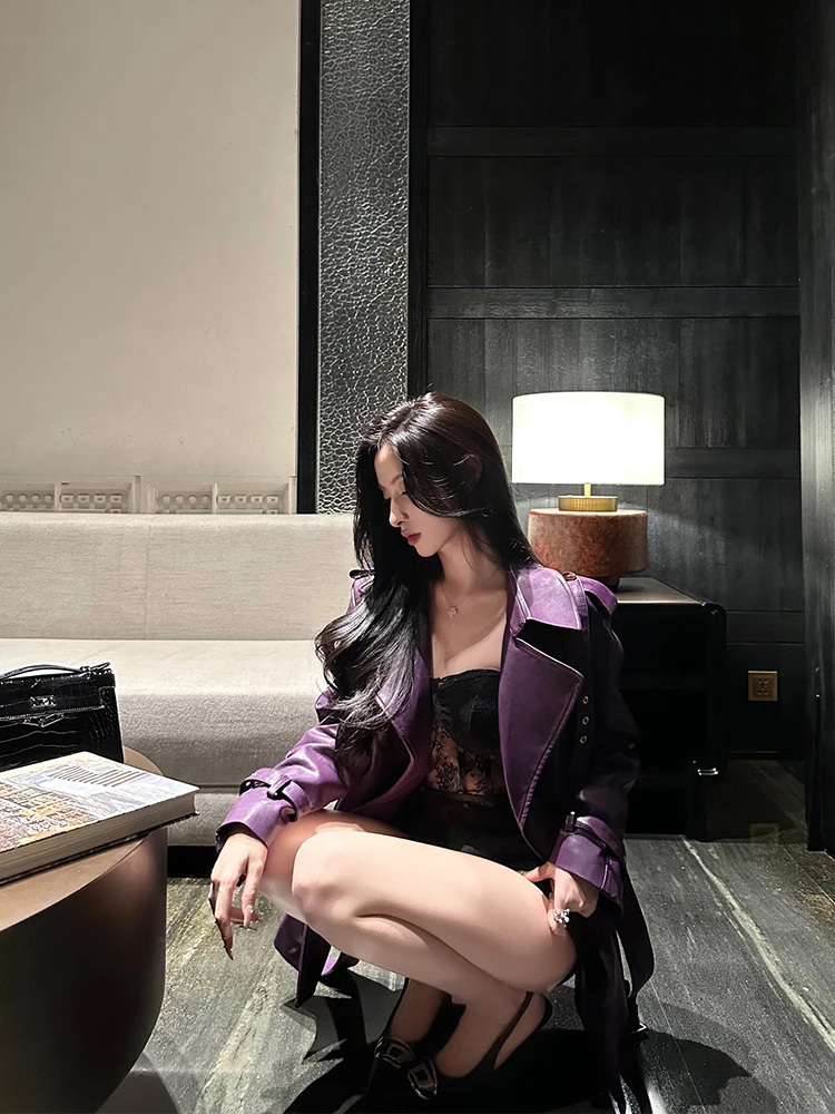 エレ パープル レザー ジャケット レディース カジュアル ハイエンド 秋冬 ヴィンテージ 多用途トップス フェイ スリ アウターウェア