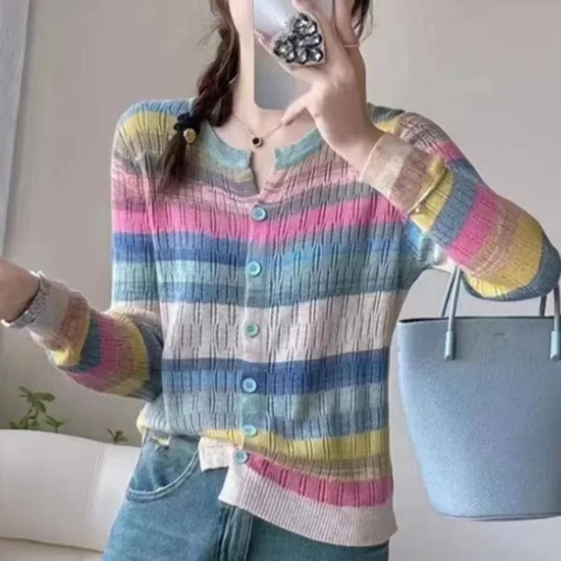 Ladies Knit Sweaters Round O Neck Women's Cardigans Striped Cropped Short Slim Top with Long Sleeves Clothing Sales Attractive