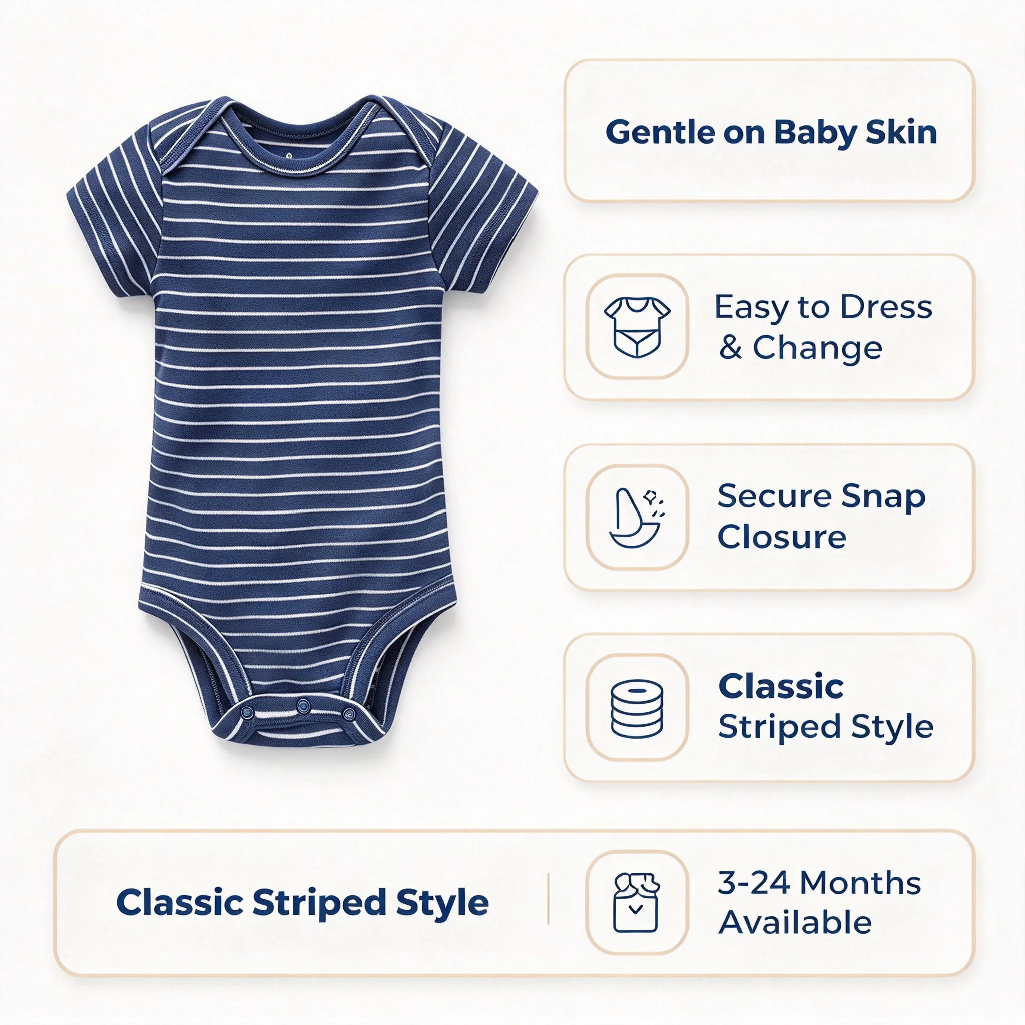Unisex Baby Short Sleeve Bodysuit 100% Pure Cotton Navy White Striped Infant Romper Envelope Shoulder Crotch Snap Newborn