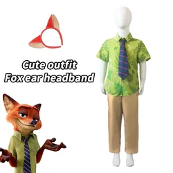 Fox Nick Wilde Cosplay Shirt With Tie Men Halloween Green Leaves Printed Summer Casual T-shirt and Necktie cosplay