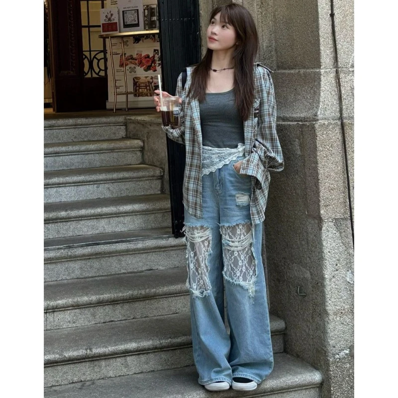 Heavy Industry Lace Stitching Hole Jeans Female Design Sense 2025 Summer Loose Straight Mop Pants