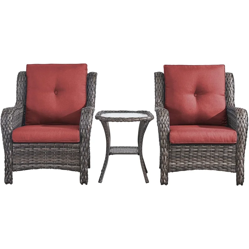 

Patio Bistro Set Outdoor Chairs - 3 Piece Wicker Rattan Patio Furniture Set with 2 Armrest Chair and 1 Side Table for Proch Deck
