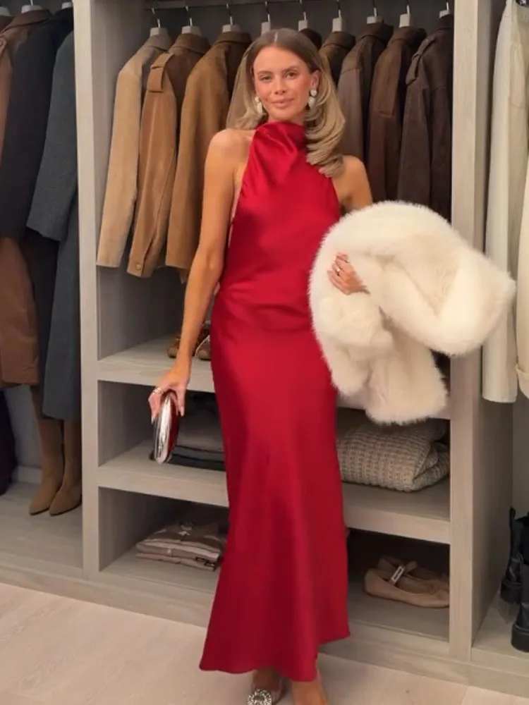 HH レディース サマーセクシー ノースリーブ バックレス ロングドレス ホルターネック シルクサテン風ドレス 女性用 エレガント パーティー イブニングドレス