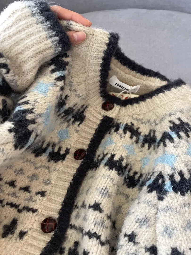 قسط يشعر الرجعية محبوك الجولة Ne المفتوحة سترة المرأة الخريف الشتاء Thiened زر واحد فضفاض معرض جزيرة سترة Jaet