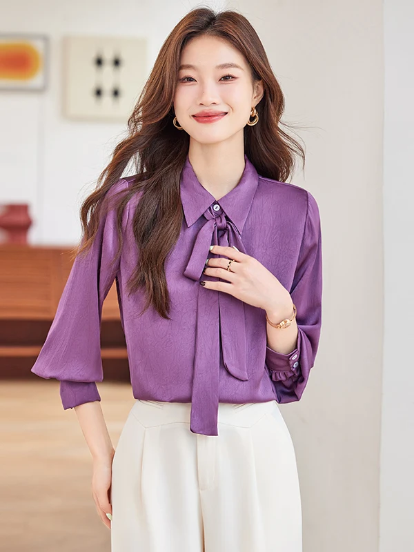 

Spring Summer 2025 Women's Purple Long Sve Commute Casual irt Slimming Anti-Aging High-End Acetate Office irt