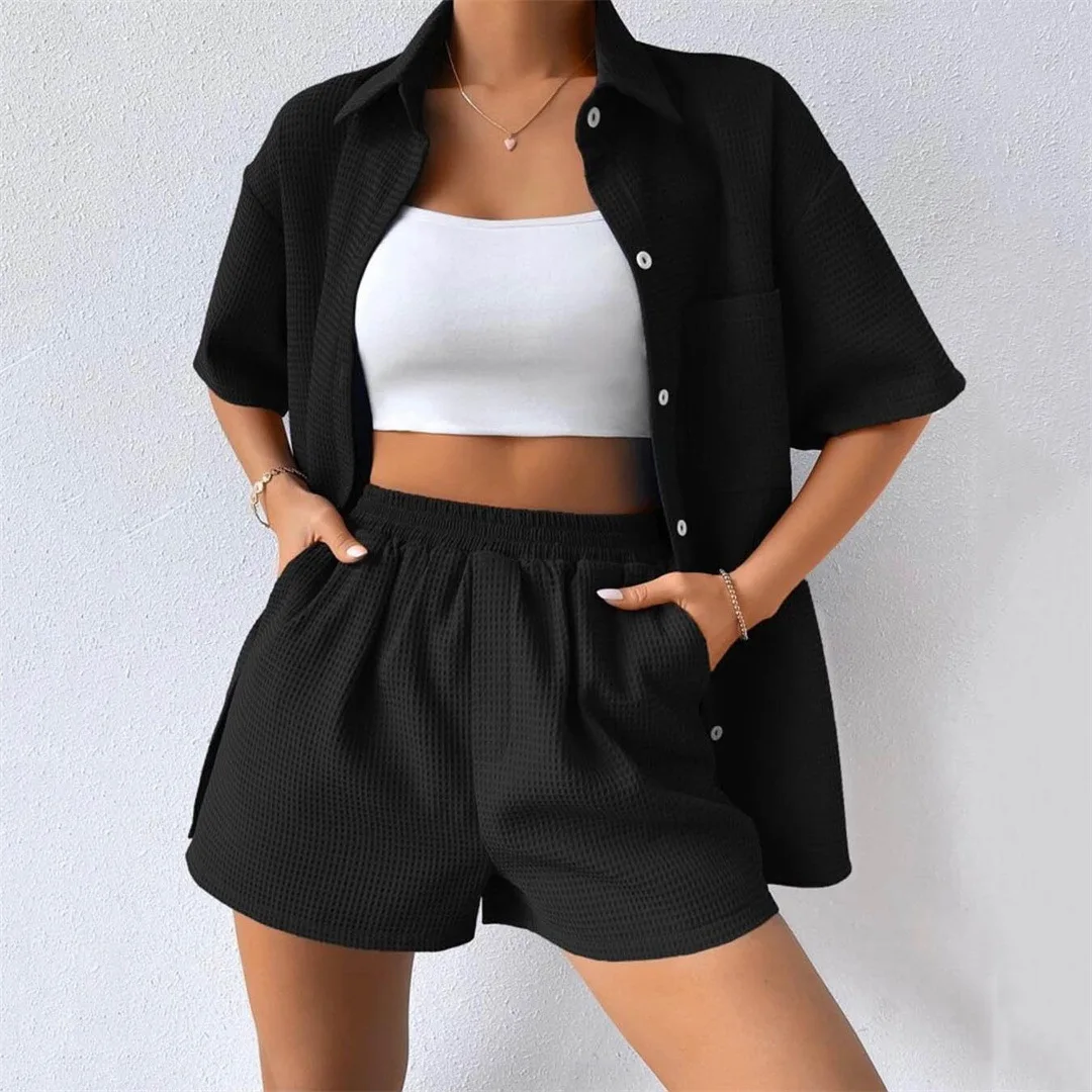 High Waist Shorts Suits Women\'s Clothes Summer Female Tops Turn Down Collar Short Sleeve Pockets Button Tops Casual 2 Pieces Set