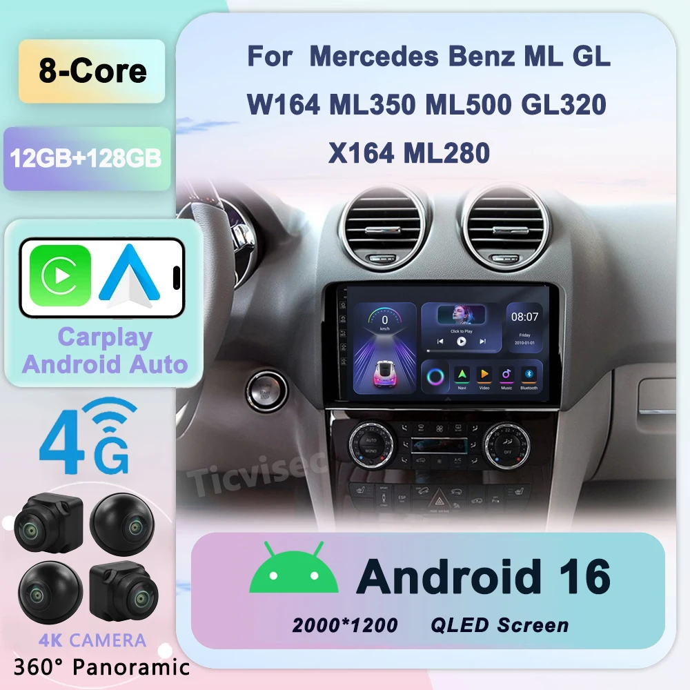 

Android 16 Car radio For Mercedes Benz M-Class W164 GL-Class X164 ML GL Car Radio CarPlay Android Auto GPS No 2 din 2din DVD