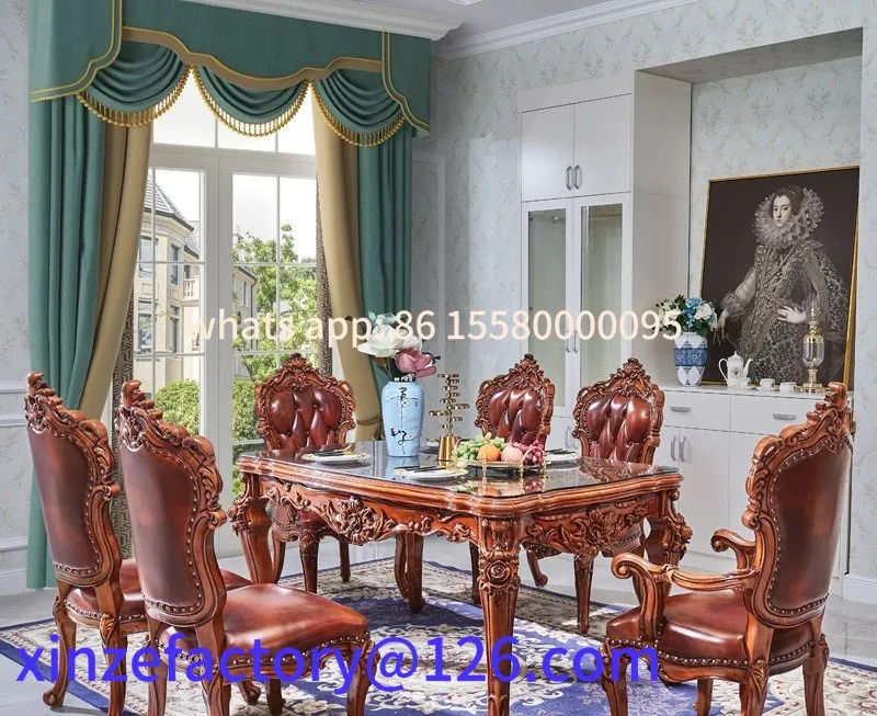 

Customizable European long dining table solid wood leather home armrest panel carving