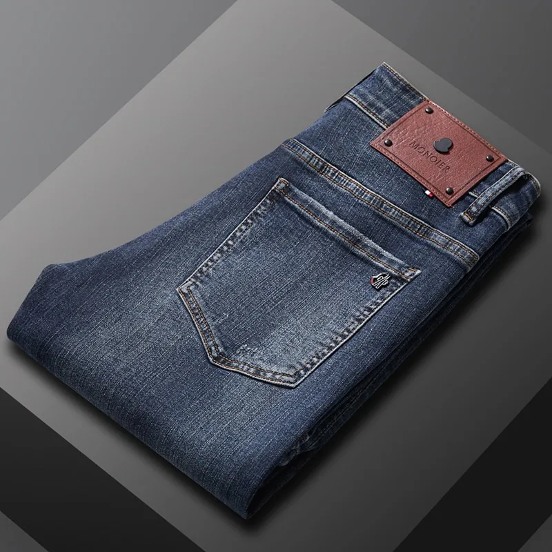 2023 Boutique Men's Jeans Autumn and Winter Big Brand Slim Fit Small Straight Sleeve Casual Long Pants Versatile Thick Style