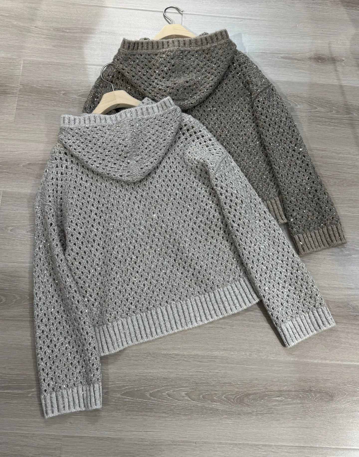 25 초가을 새로운 중공 후드 스팽글 지퍼 캐시미어 니트 카디건 세련되고 다양한 캐주얼 재킷