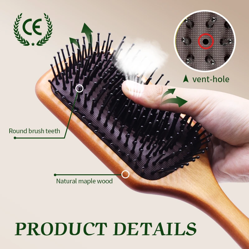 Kare kürek Detangling saç fırçası kadın kafa derisi masaj fırçası geniş diş saç tarağı büyük hava yastığı akçaağaç ahşap HairBrush