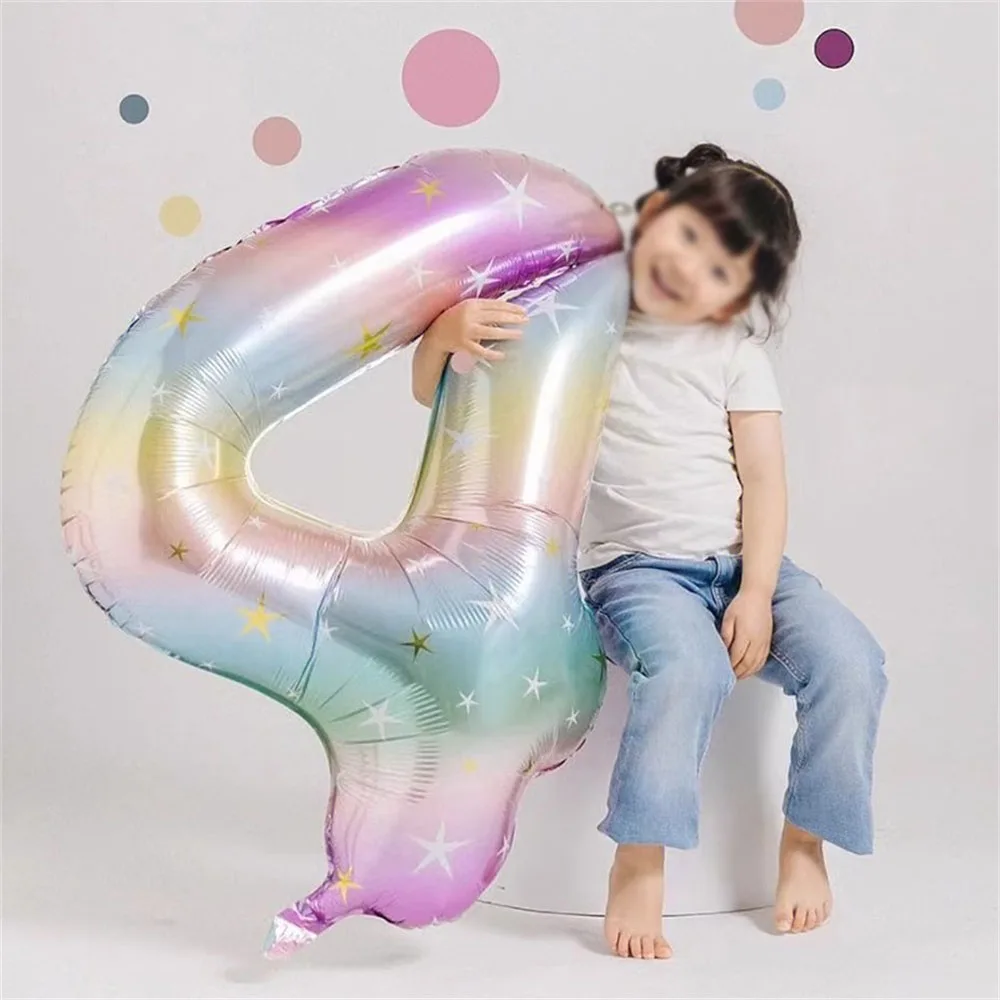 1pc 40inch Pastel Rainbow Number Foil Balloons Star Sky Gradient Digital Balloon Kids Birthday Party Decorations Helium Ball