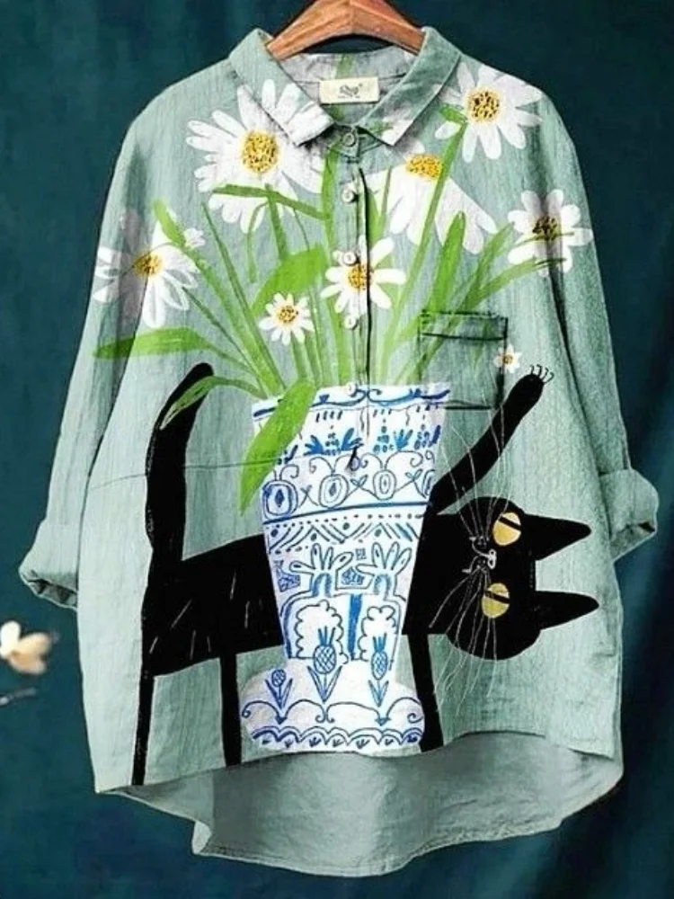 

5XL Vintage Printed Blouses Fashion Holiday Long Sleeve Lapel Collar Harajuku Shirt American Style Office Lady Spring 2026 Blusa