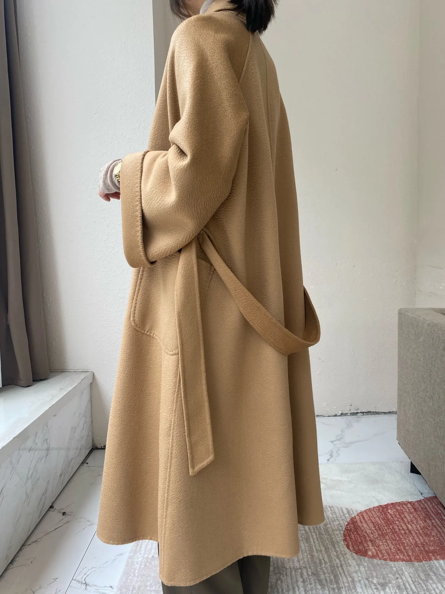 Autumn And Winter New Women's Plus Long Lace-up Coat Solid Color Handmade Loose Nightgown Wool Coat Cloak