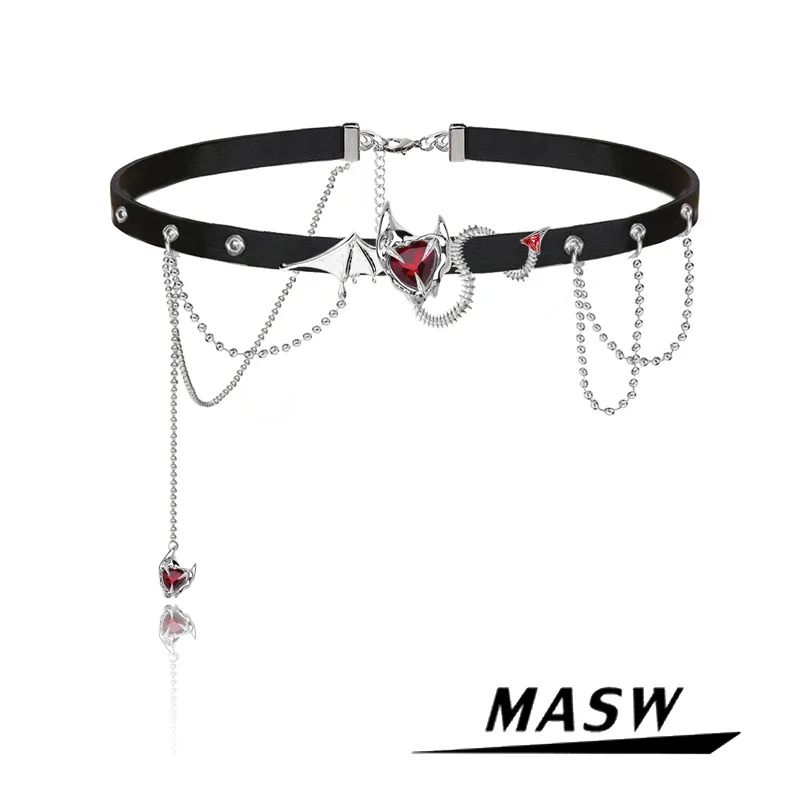 MASW Original Design Black Leather Necklace Halloween Party Gift Cool Jewelry Red Heart Tassel Choker Necklalce For Women Girl