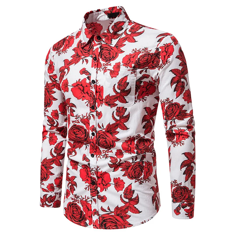 Mens Rose Flower Print Dress Shirts Brand Slim Long Sleeve Tuxedo Shirt For Men Casual Business Button Down Shirt Chemise Homme