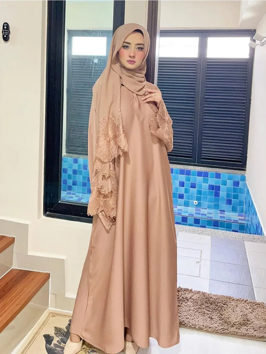 Ramadan Women Eid Muslim Abaya Party Dress with Scarf Lace Arab Dubai Long Robe Gorgeous Kaftan Islam Abayas Morocco 2024 Spring