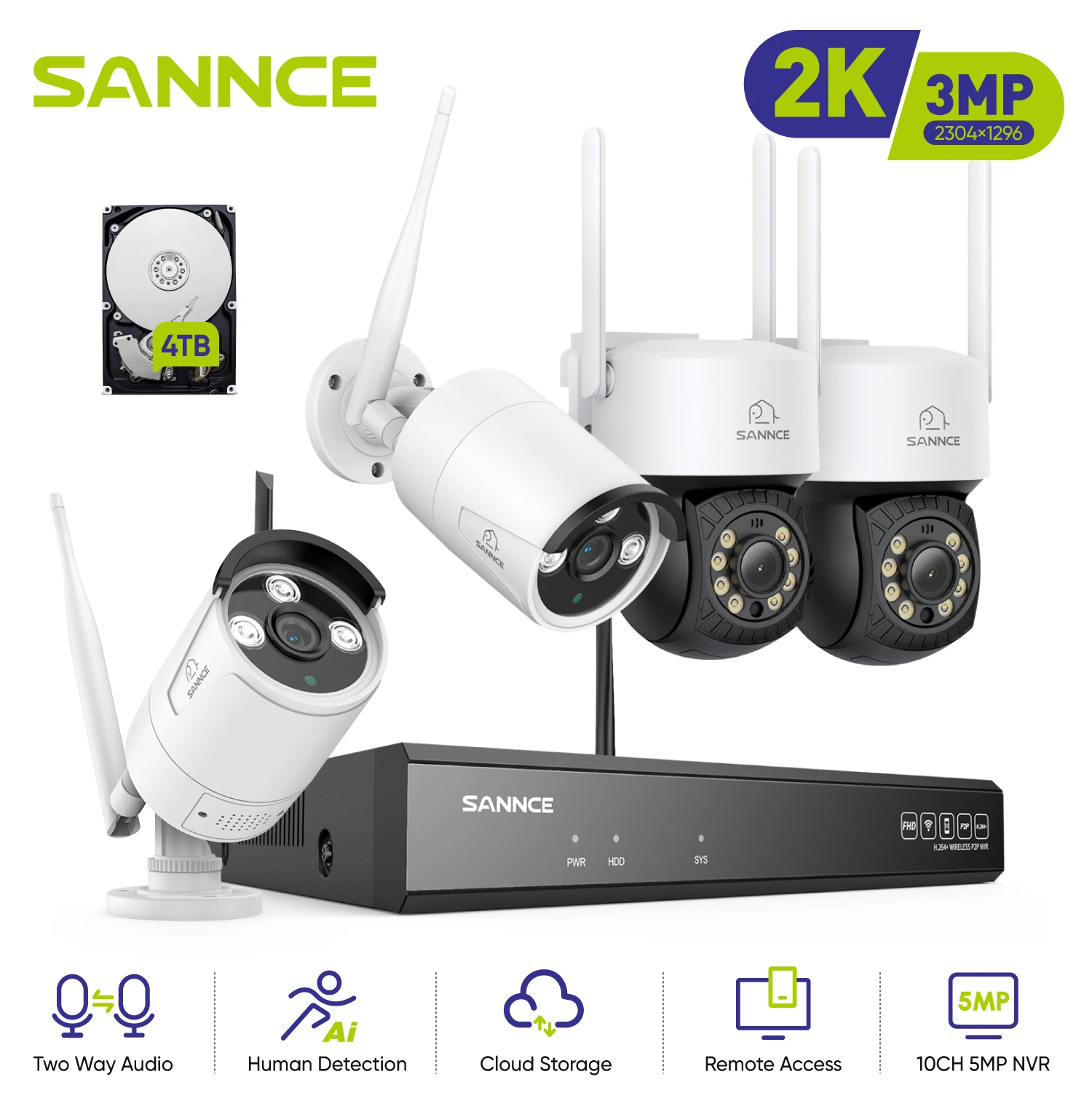 SANNCE 3MP Wireless Surveillance System Camera NVR IR Night Vision Two Way Voice Motion Detection Wifi CCTV Security Camera Kit