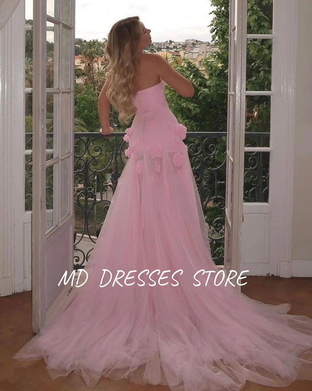 MD Modern Pink Abito da sera Spacco alto laterale Sweetheart A-line con fiori fatti a mano Prom Down abiti da festa Personalizzato 2025