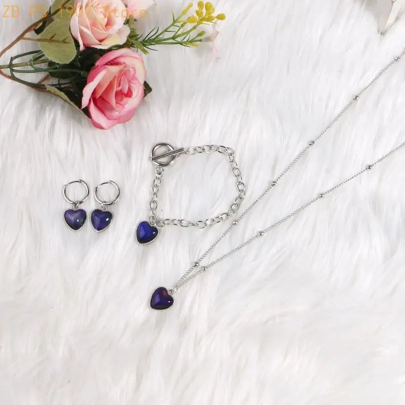 Colorful Changing Mood Heart Pendant Necklaces for Women Girl Temperature Control Color Change Clavicle Chain Romantic 55KA