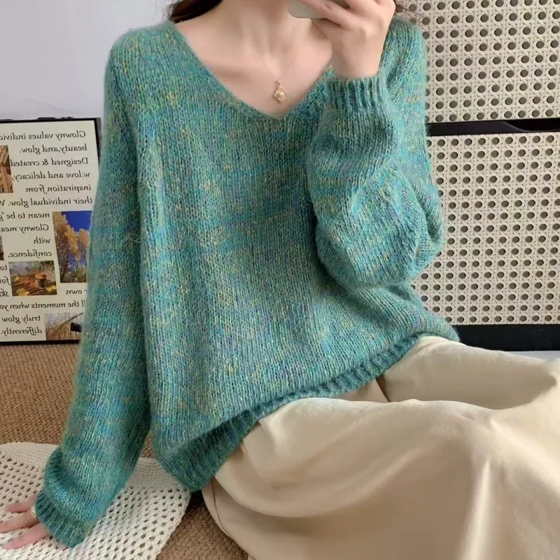 Primavera Autunno Design Sensation Piccolo pubblico Floreale Lana Nuovo stile Coreano Maglione lavorato a maglia allentato Pullover con scollo a V da donna