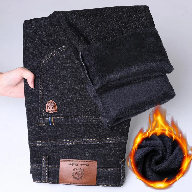 

Модные мужские осенне-зимние термопрямые джинсы, классические эластичные облегающие брюки, мужские деловые повседневные повседневные синие брюки