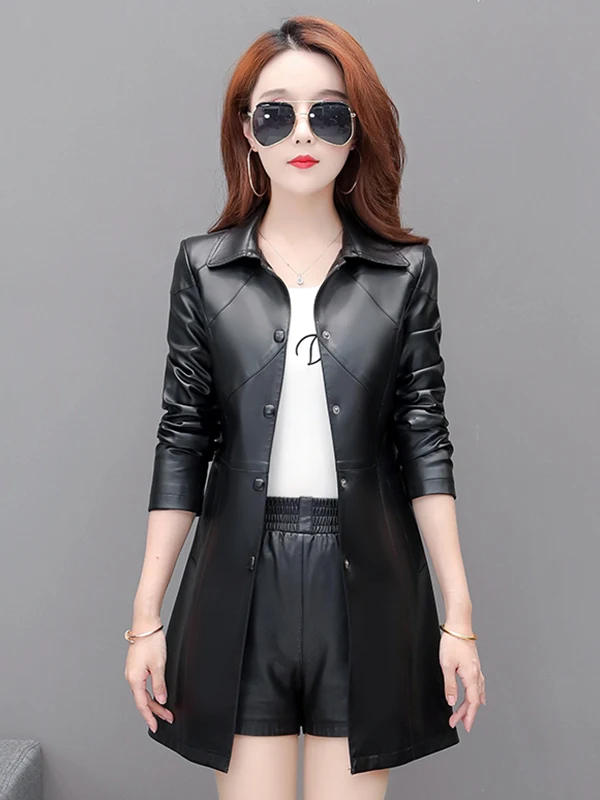 2025年春 プラスサイズ レディース レザー ジャケット スリムフィット ミディアム丈 韓国風 スリム ヘイニングコート アウター ロングスリーブ 通勤用 S...