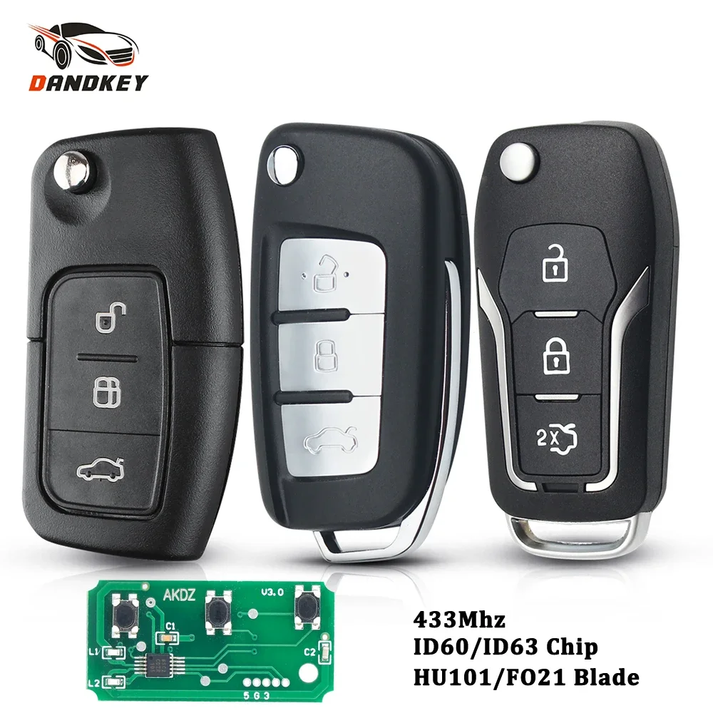 Dandkey-Folding Flip Controle Remoto Key Fob, 3 Botões, HU101, FO21, 433MHz, ID460, ID63 Chip para Ford Focus 3, 2, Mondeo, Fiesta